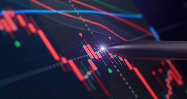 Price chart and pen indicator on screen, red and green candlestick chart on blue screen theme, market volatility, uptrend and downtrend.