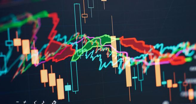 Market Analyze. Bar graphs, Diagrams, financial figures. Abstract glowing forex chart interface wallpaper. Investment, trade, stock, finance