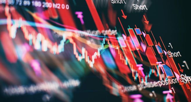 Digital graph interface over dark blue background. Concept of stock market and financial success.