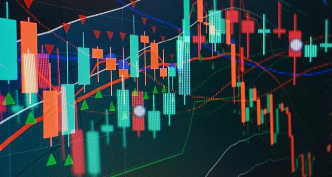 The Forex graph chart on the digital screen.Sustainable portfolio management, long term wealth management with risk diversification concept.