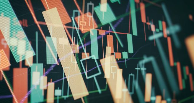 Indicator, red and green candlestick chart on blue theme screen, market volatility, up and down trend. Stock trading, crypto currency background.