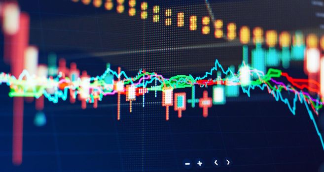 financial instruments with various type of indicators including volume analysis for professional technical analysis on the monitor of a computer.