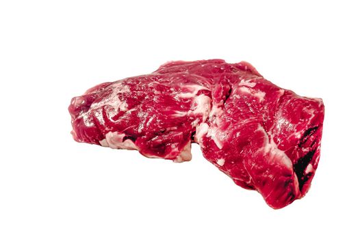 "Spider steak" or "bifteck araignée" of marbled beef on white background.