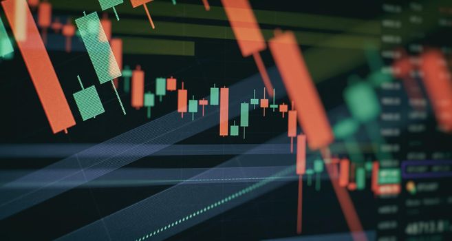Blurry growing digital graph interface over dark blue background. Concept of stock market and financial