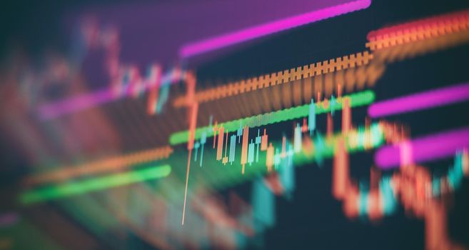 Abstract financial graph with candle stick and bar chart of stock market on financialbackground