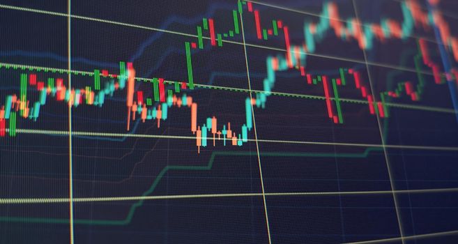 Financial diagram with candlestick chart used in market analysis for variation report of share price