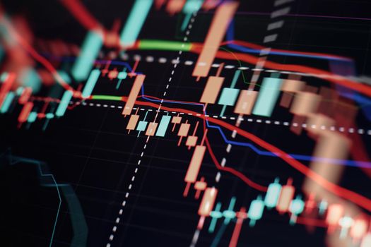 Volume analysis for professional technical analysis on the monitor of a computer. Fundamental and technical analysis concept.
