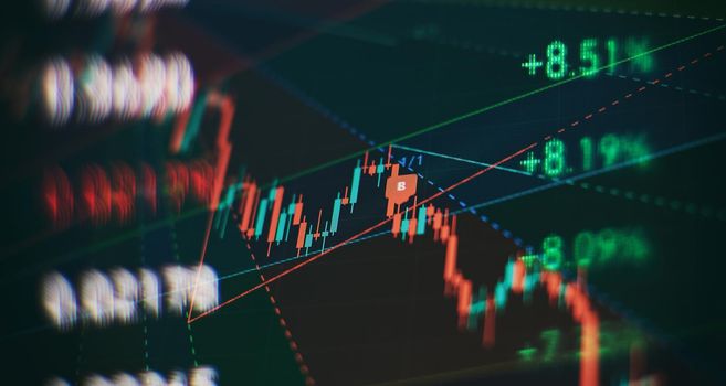 Technical price graph and indicator, red and green candlestick chart on blue theme screen, market volatility, up and down trend. Stock trading, crypto currency background.