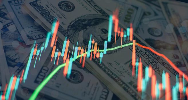 Economic growth, recession. Electronic virtual platform showing trends and stock market fluctuations