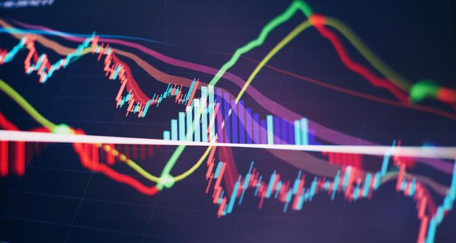Technical price graph and indicator, red and green candlestick chart on blue theme screen, market volatility, up and down trend. Stock trading, crypto currency background.