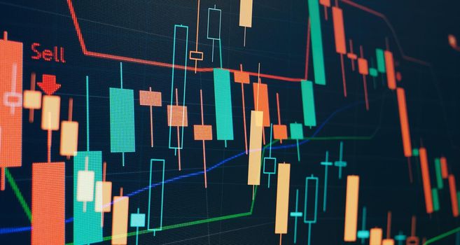 Indicator, red and green candlestick chart on blue theme screen, market volatility, up and down trend. Stock trading, crypto currency background.