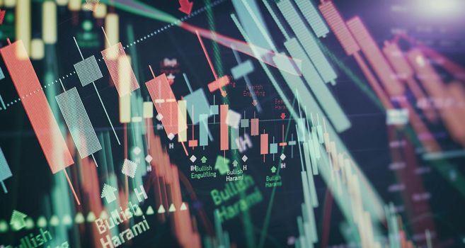 Indicator, red and green candlestick chart on blue theme screen, market volatility, up and down trend. Stock trading, crypto currency background.