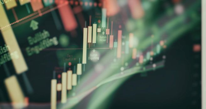 Indicator, red and green candlestick chart on blue theme screen, market volatility, up and down trend. Stock trading, crypto currency background.