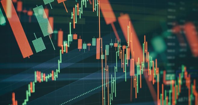 Blurry growing digital graph interface over dark blue background. Concept of stock market and financial