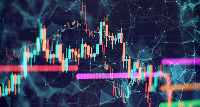 Abstract financial graph with candle stick and bar chart of stock market on financialbackground