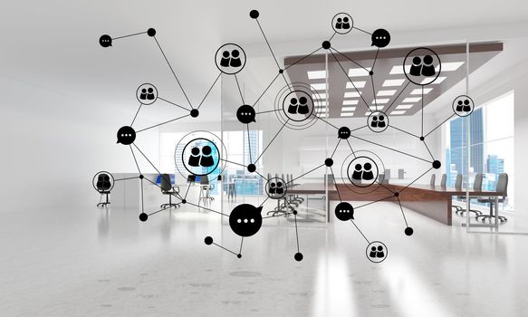 Lines connected with dots as social communication concept in office interior. 3D rendering