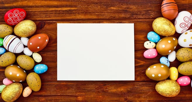 Easter eggs on wooden background . Wooden background. The minimal concept. Top view. Card with a copy of the place for the text.