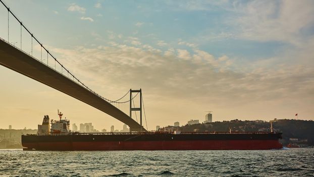 Turkey, Istanbul, Bosphorus Channel, Bosphorus Bridge, an cargo ship under the Bridge