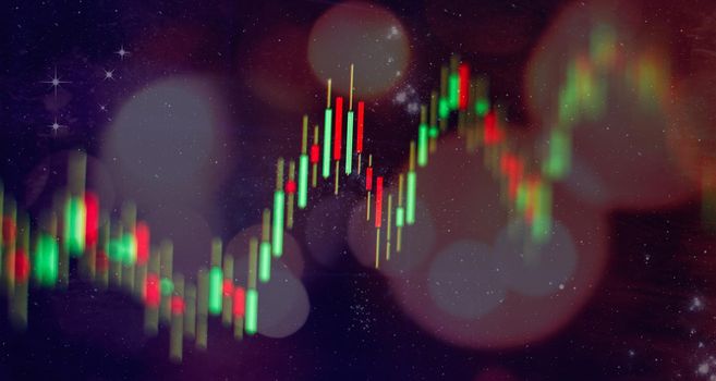 Technical price graph and indicator, red and green candlestick chart on blue theme screen, market volatility, up and down trend. Stock trading, crypto currency background.