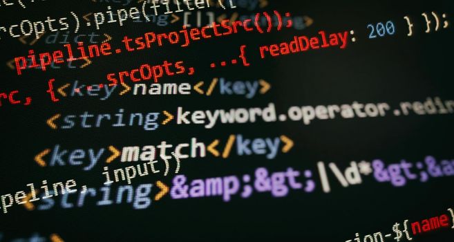 Desktop PC monitor photo. Javascript functions, variables, objects. Project managers work new idea. Future technology creation process.