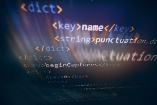 SEO optimization. Modern tech. PHP syntax highlighted. Writing programming functions on laptop. Big data and Internet of things trend.