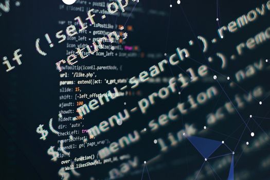 Programming code screen of software developer. Software Programming Work Time.