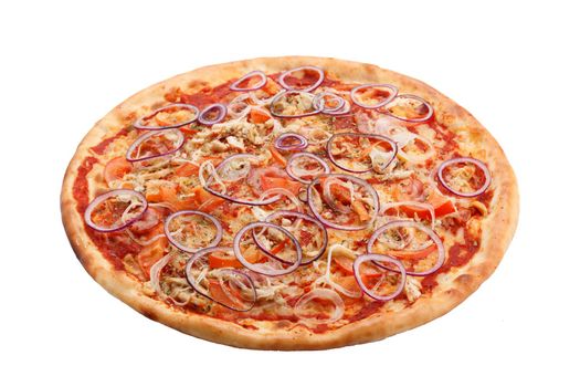 Classic Italian pizza with bacon, chicken and red onion isolated on white background. Side view.