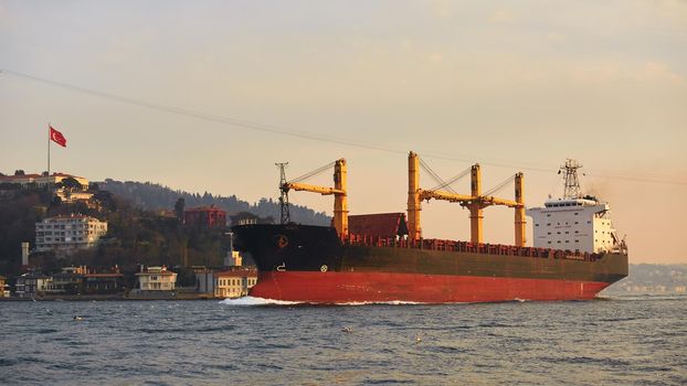A cargo ship in the Bosphorus, Istanbul, Turkey
