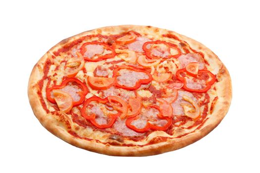 Classic Italian pizza with bacon and red pepper isolated on white background. Side view.