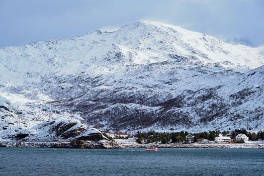 Fishing ship boat in Norwegian fjord. Lofoten islands, Norway