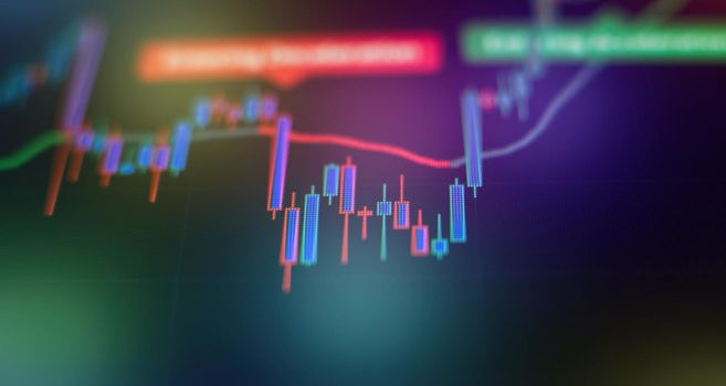 Market Analyze. Bar graphs, Diagrams, financial figures. Abstract glowing forex chart interface wallpaper. Investment, trade, stock, finance
