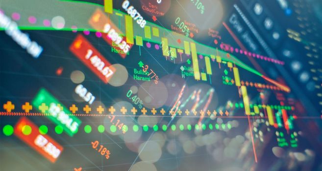 The Forex graph chart on the digital screen.Sustainable portfolio management, long term wealth management with risk diversification concept.