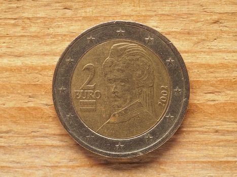 Two Euro coin, Austria side showing radical pacifist Bertha von Suttner, currency of Austria, European Union