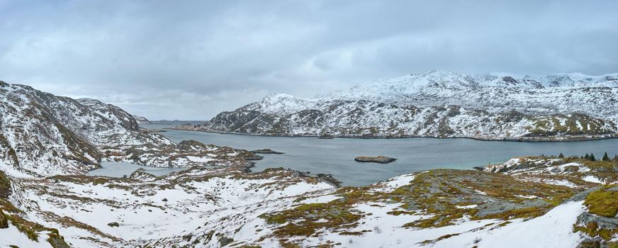 Panorama of norwegian fjord in winter, Lofoten islands, Norway