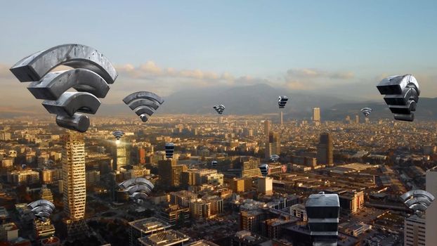 Aerial city connected through 5G. Wireless network, mobile technology concept, data communication, cloud computing, artificial intelligence, internet of things. izmir City skyline. Futuristic city. High quality photo