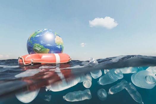 Globe on red lifebuoy floating on water surface in contaminated sea with used plastic bottles against blue sky in nature. 3d rendering