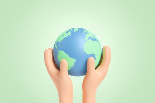 Hands of person holding and protecting round planet Earth with continents and blue oceans on clear green background in light studio. 3d rendering