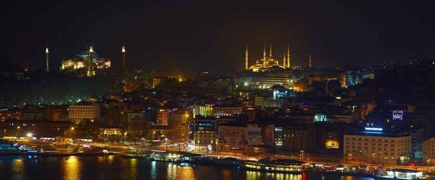 Night lights of Istanbul view from the Galata tower. Retro style