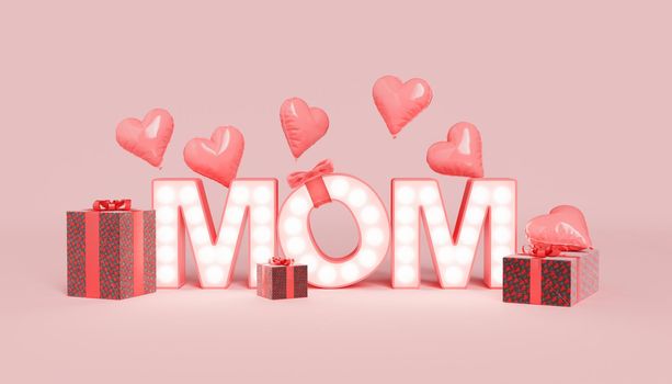 Mom letters with glowing lights placed on pink background with heart shaped balloons and gift boxes during Mothers day celebration. 3d rendering