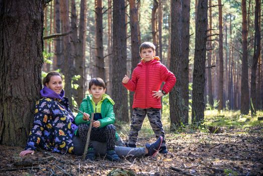 Family with mother and two children boy sibling brothers sits in the forest on felled logs or grass in summer. Happy family in colorful clothes have a hike in autumn forest.