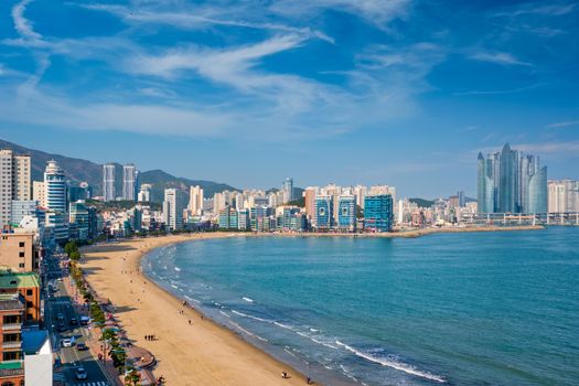 Gwangalli Beach in Busan, South Korea. Aerial view