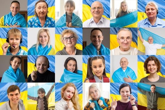 Collage of many smiling happy people children with a ukrainian flags. Banner.