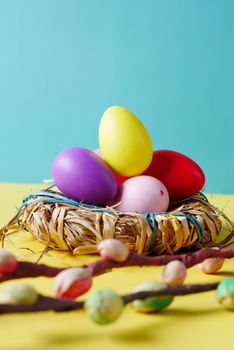 easter concept with multi color egg on color background.
