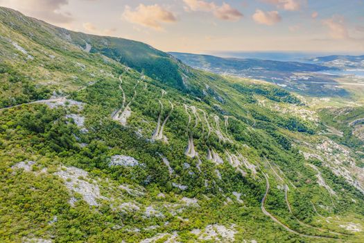 Aerial view on the Old Road serpentine in the national park Lovcen, Montenegro.