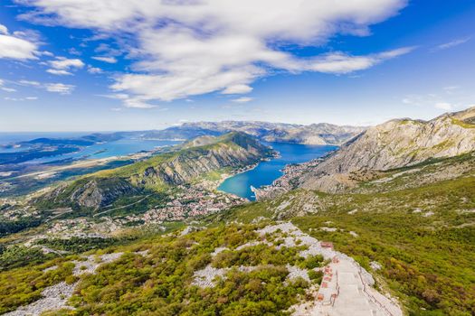 Montenegro. Bay of Kotor, Gulf of Kotor, Boka Kotorska and walled old city. Fortifications of Kotor is on UNESCO World Heritage List since 1979.