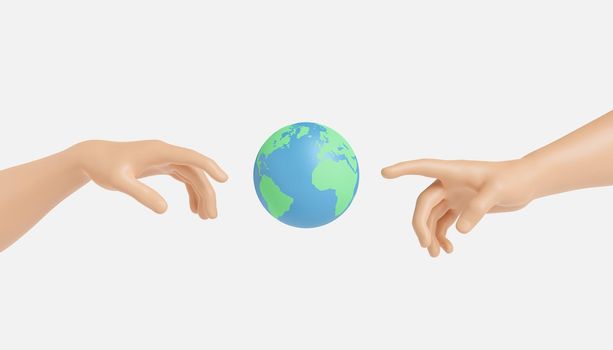 Hands of people reaching and pointing to colorful round planet Earth with green continents and blue oceans on clear white background. 3d rendering