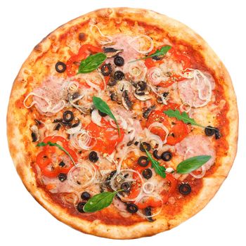 Classic Italian pizza with ham, bell peppers, olives and onions. Isolated on white background. Top view.