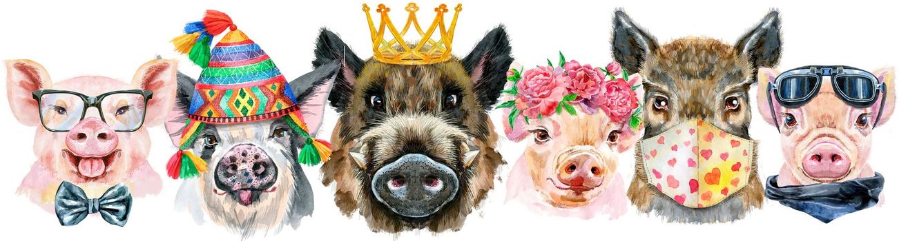 Cute border from watercolor portraits of pigs. Watercolor illustration of pigs in wreath of peonies, chullo hat, medical protective mask, glasses and golden crown