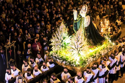 Elche, Spain- April 12, 2022: Beautiful Brotherhood Procession of Virgin Mary Mater Desolata in Holy Week in Elche