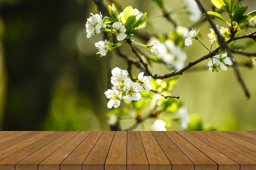 Frame of spring flowers on a wooden background.